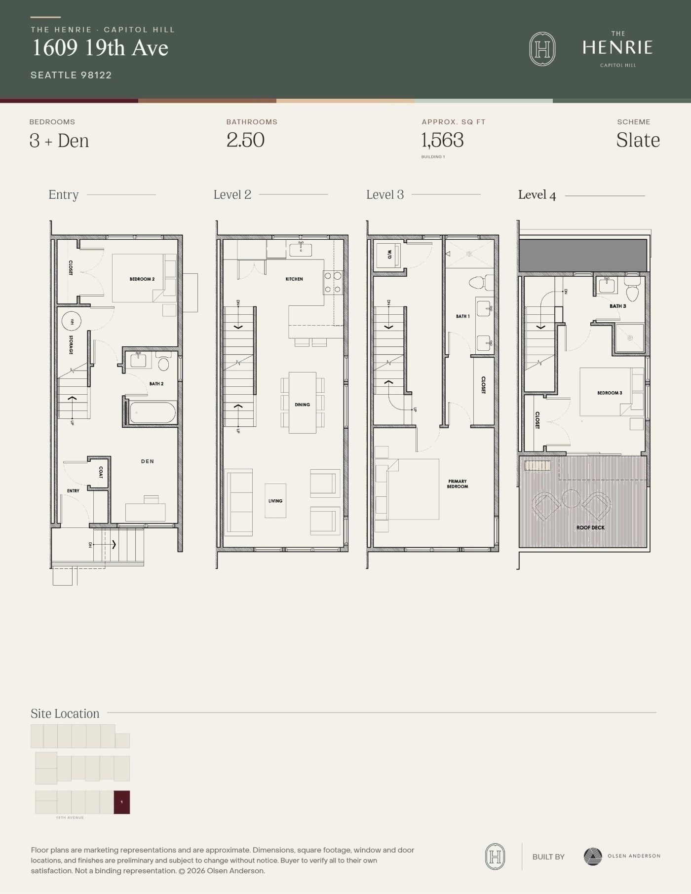 Floor plan, The Henrie home 1, 1609 19th Ave, Capitol Hill Seattle townhome, 3 bedrooms and den