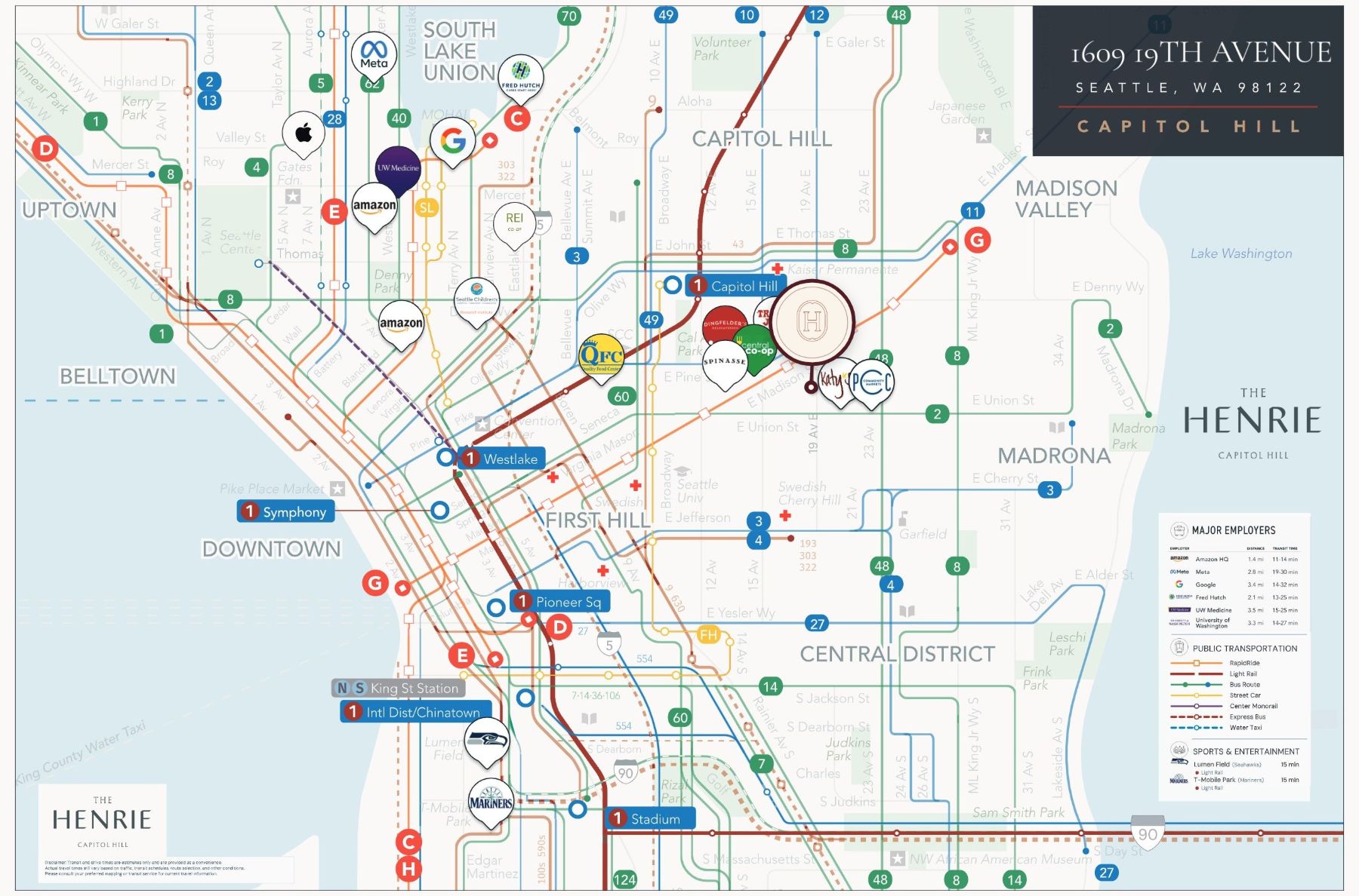 Transit and neighborhood map showing The Henrie at 1609 19th Avenue, light rail, RapidRide, major employers and destinations across Capitol Hill and central Seattle